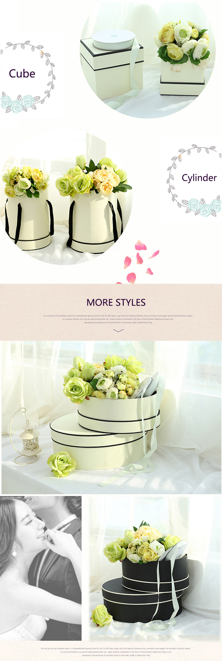 ODM Welcome Handmade Flower Bouquet Boxes , Round Flower Hat Box With Ribbon Handle