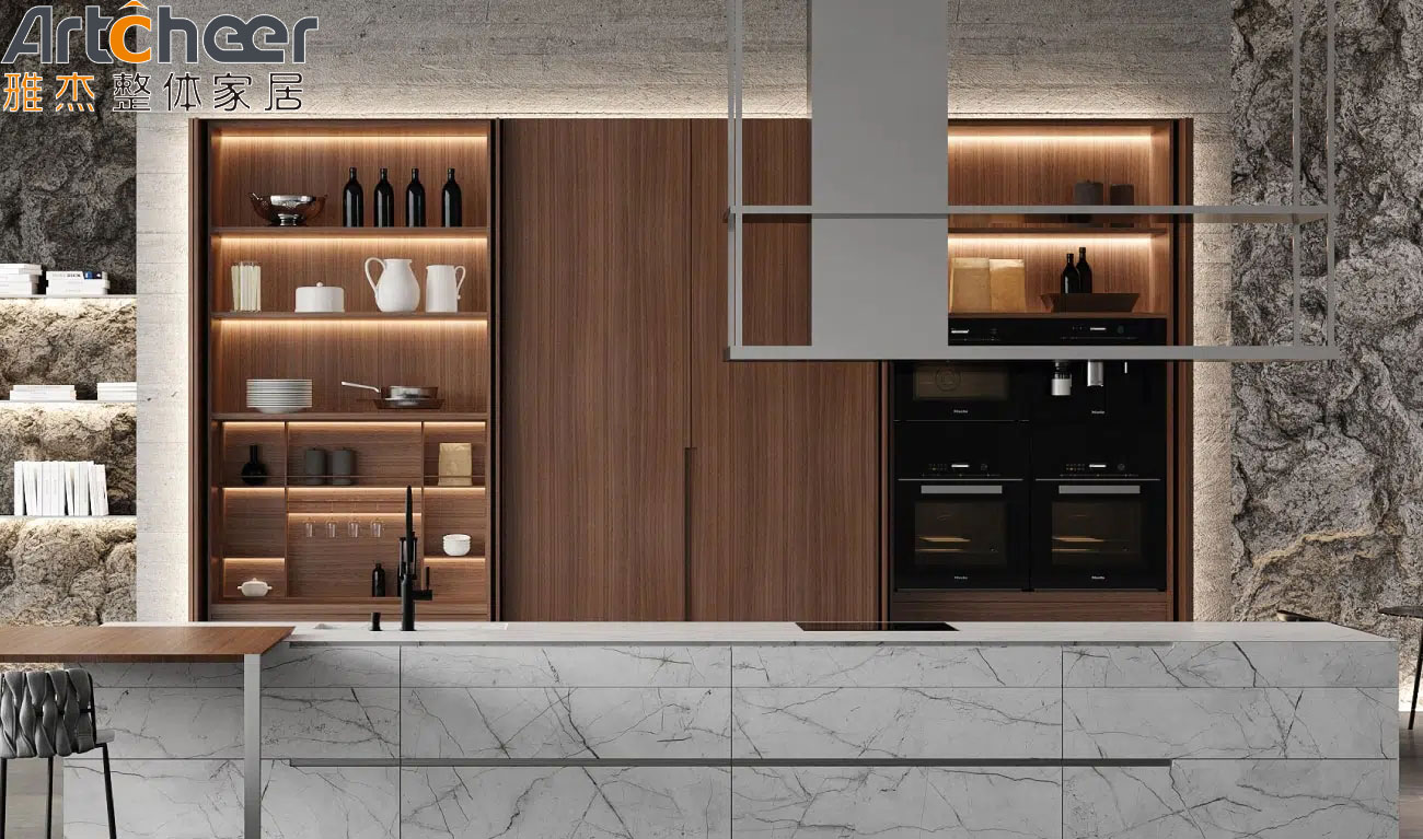 Modular Acrylic Kitchen Cabinet Door with Aluminium Frame and Sintered Stone Table Top