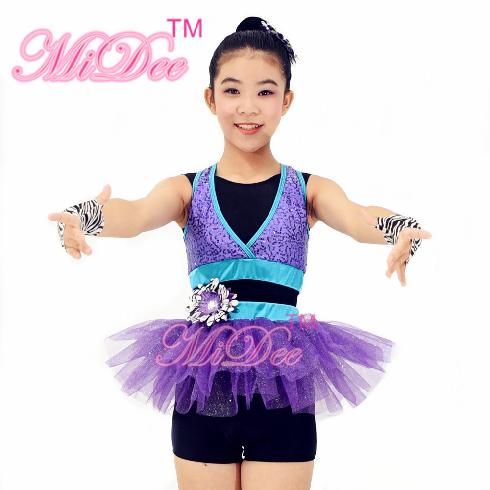 Stage Performan Kids Dance Clothes , Sporty Girls Sequin Vest Glitter Tutu Style Skirt With Biketard Under