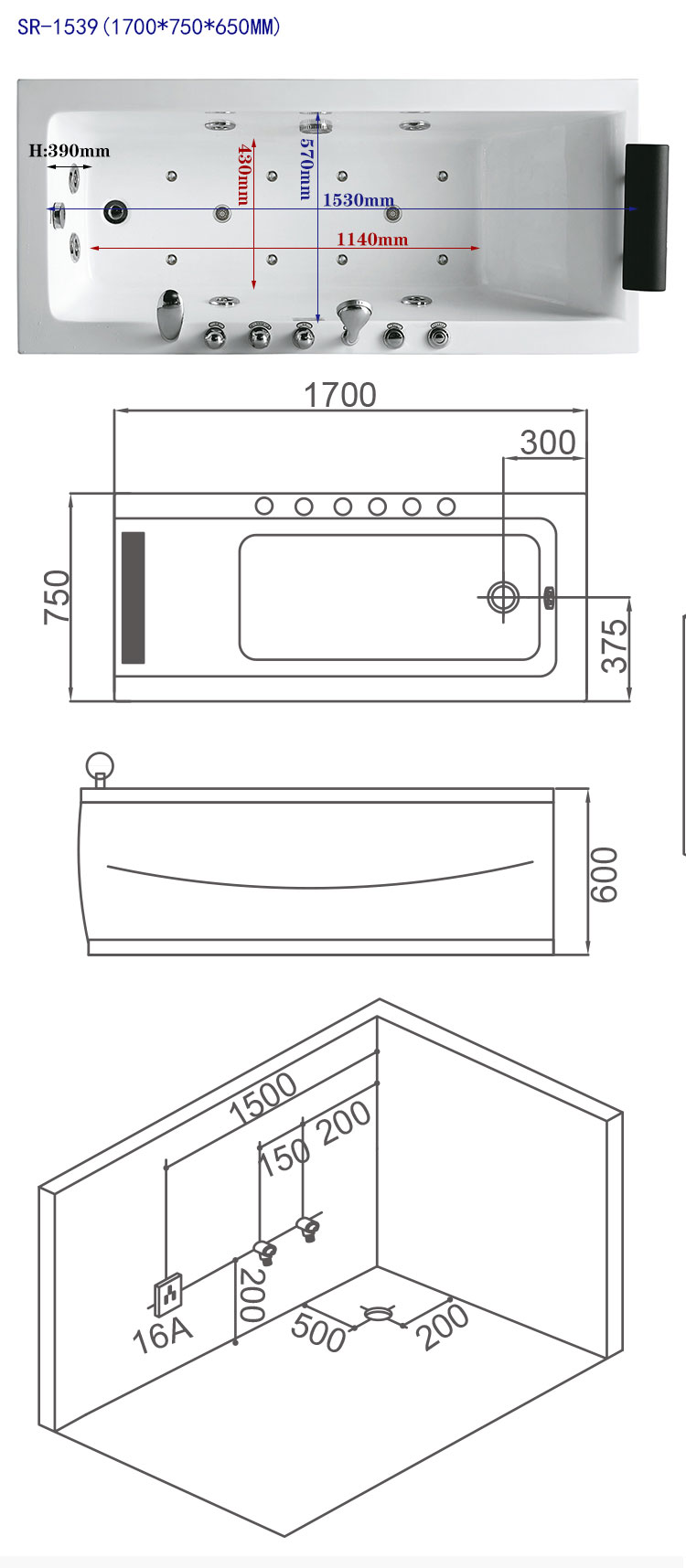 5 Foot Acrylic Air Jet Whirlpool Bathtubs 60 X 30 60 X 32 60 X 36