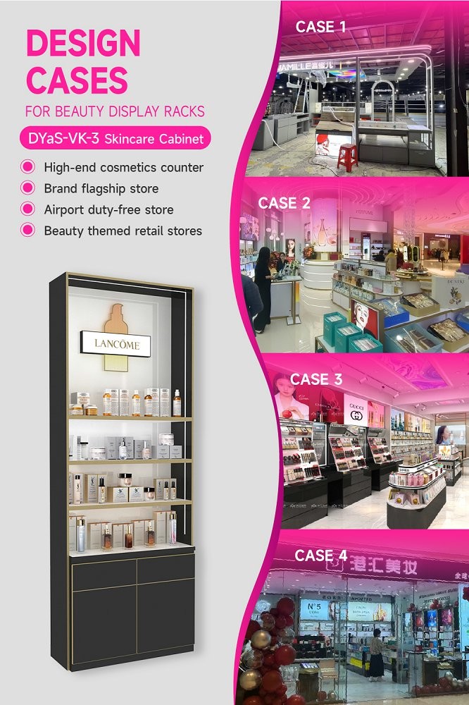 DYaS-VK-3 Skincare Display Cabinet with 40mm Acrylic Lightbox and Gold Edging