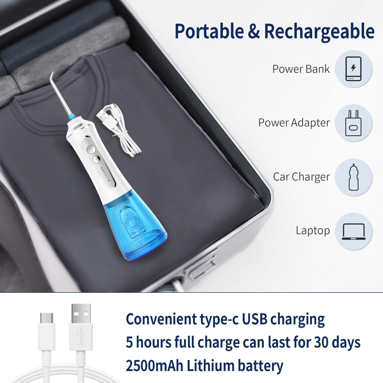 300ml Handheld Portable Water Flosser IPX7 Waterproof Oral Irrigation Cordless Rechargeable Tooth Cleaner