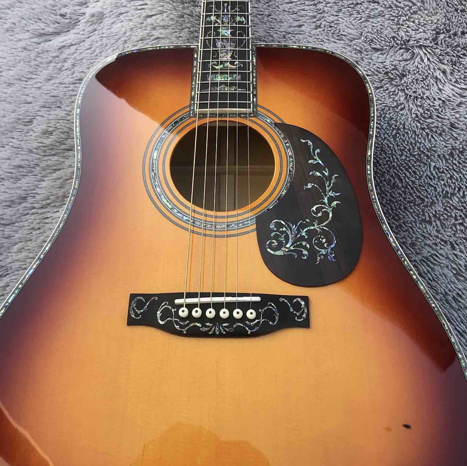 41" Solid Spruce Top Abalone D Style Acoustic Guitar with Burst Maple Body Ebony Fingerboard