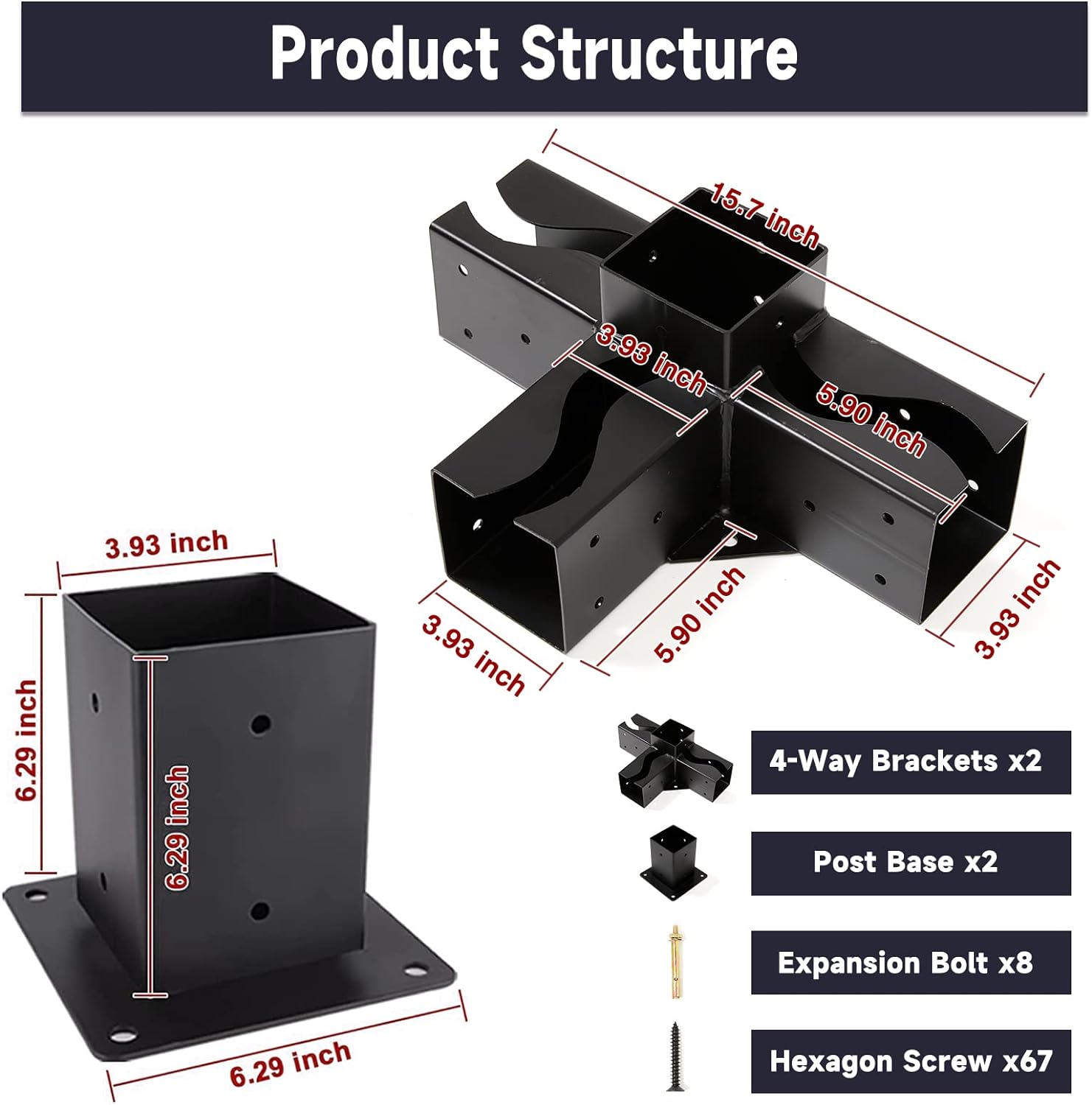 4-Way DIY Pergola Bracket Kit Wood Beams DIY Pergola Way Corne Brackets with Post Bases