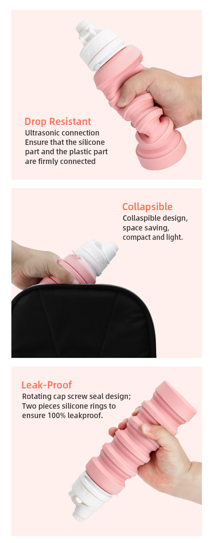Food Grade PP Silicone Water Bottle Foldable 350ml 550ml 750ml