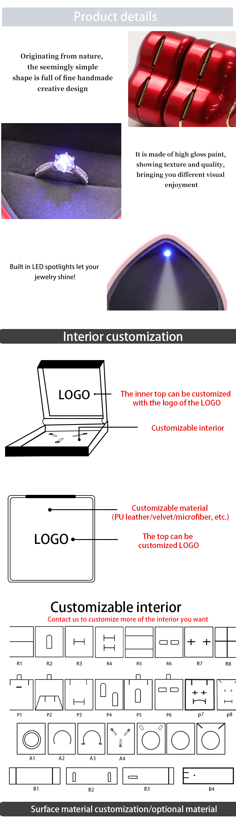 Customized Jewelry Storage Display Case LED Light Included for Rings and Bracelets