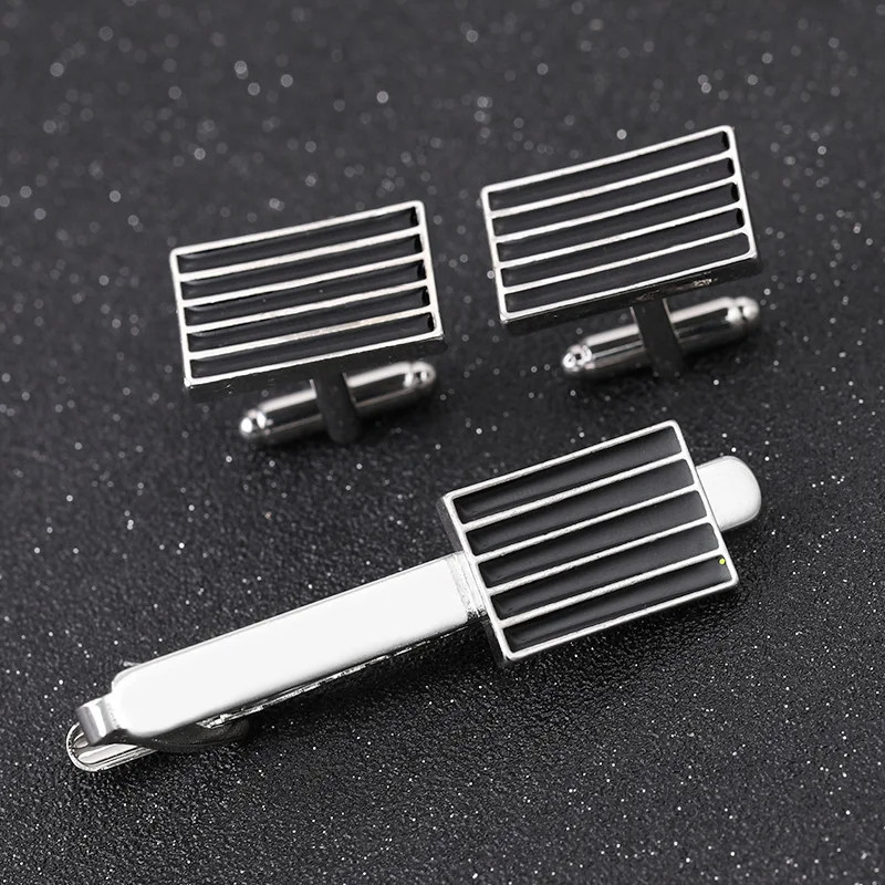 Men's Brass Metal Tie Clip And Cufflink Set With Black Enamel For Wedding Party