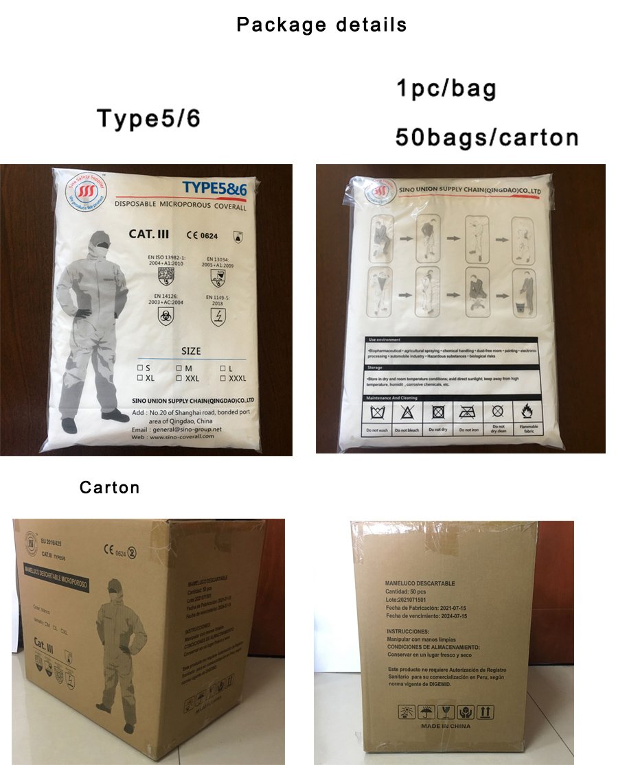 ISO 13982 TYPE 4 5 6 Non Woven Personal Isolated Disposable Coverall Waterproof
