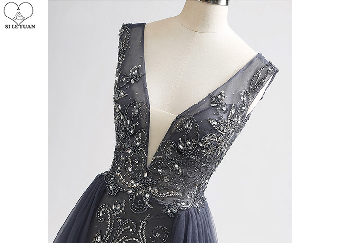 Long Tail A Line Ball Gown Navy Blue V Neck No Arm Backless Heavy Beading Tulle
