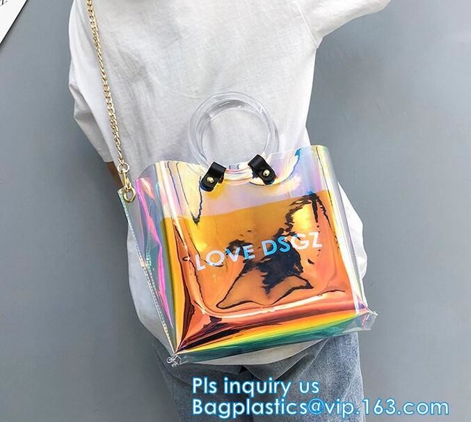 Promotional fashion soft pvc tote beach bag pvc handbag, handbag min min handbag for kids, Zipper Pocket Clear Beach Han