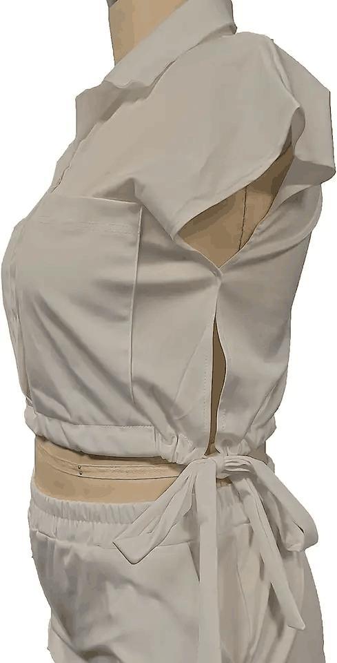 Women&prime;s Sexy Summer Two Piece Outfits Button Down Crop Top Short Sleeve Tracksuit Sets with Pockets Plus Size Suit for Women