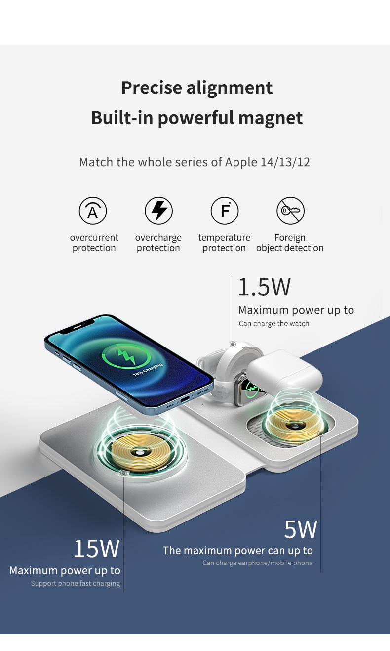 Smart Mobile Phone Wireless Charging Station 15W Fast Magnetic Wireless Foldable Charger