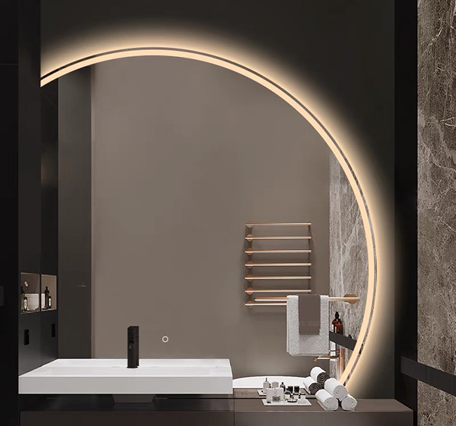 Hotel Bathroom Vanity Wall Half Round Mirror Customized Led Backlit Defogger