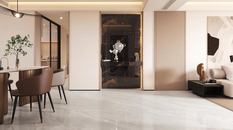 Light Yellow Polished Porcelain Glazed Tile Indoor Floor 900x1800x9mm Wear-Resistance For Rebuilding