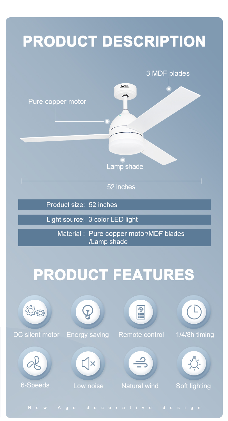 52 Inches Remote Control Ceiling Fan Light Bulb for Home Office MDF Wood Mulit Colors