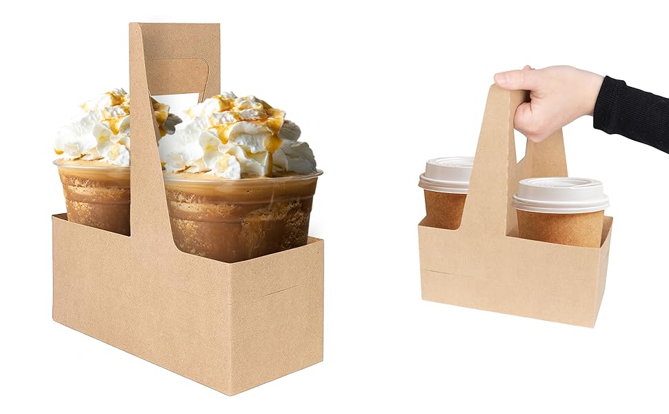 2 Cup Disposable Drink Carrier with Handle (25 Count) - Kraft Paperboard Cup Holder - Disposable
