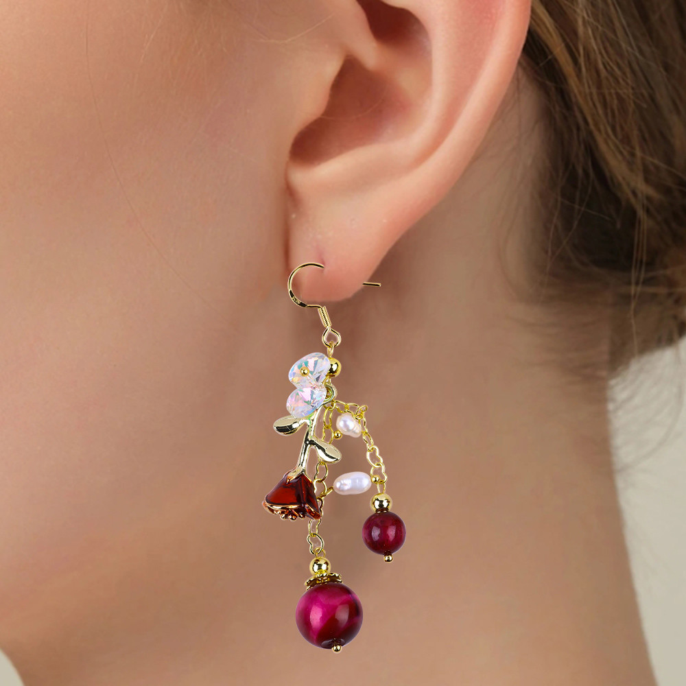 10MM 8MM Rose Red Tiger Eye Crystal And White Pearl With Rose Flower Dangle Long Earring For Party And Daily Wear