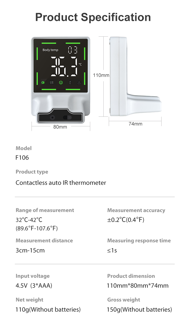Wall Mounted Human Body Thermometer with Temperature Unit °C/°F and Measuring Time ≤2s