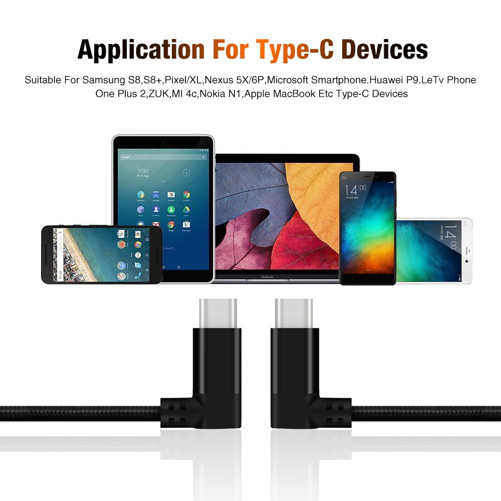 Right Angle 100 Cm USB Type C Cable Black Color Nylon Braid Cable Material