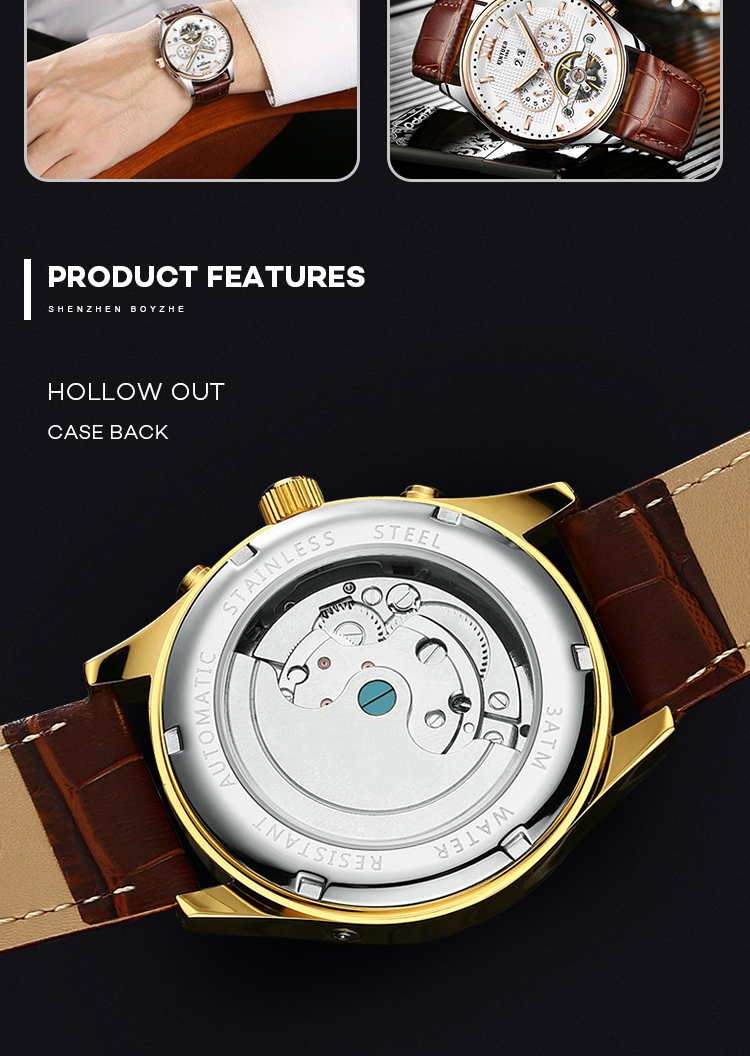 KINYUED Fashion Tourbillon Automatic Movement Mens Automatic Mechanical Watch Genuine Leather Wristwatch