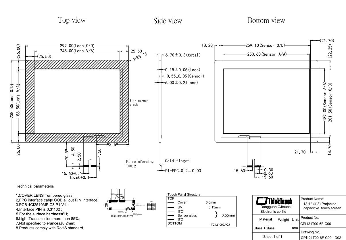 Projected Capacitive PCAP Touch Screen Ratio 4:3 Square 12.1inch