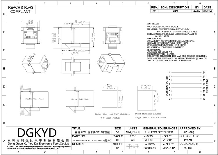 8P8C Has Card Groove CAT.3 With Shielding Modular RJ45 To RJ45 Coupler Shielding Straight Through Module