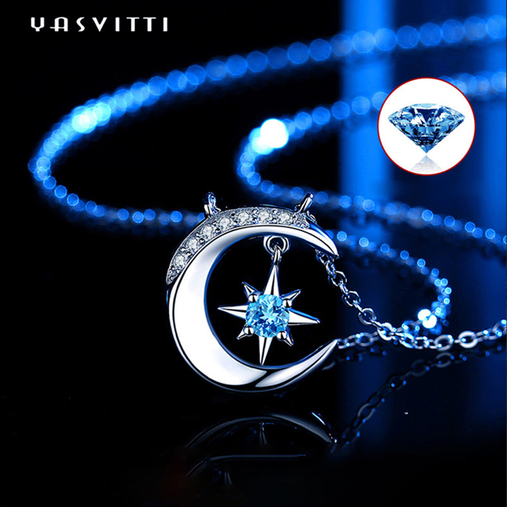 0.69ft 2g Moon Star Pendant Necklace Trendy Topaz Solid Silver Heart Necklace