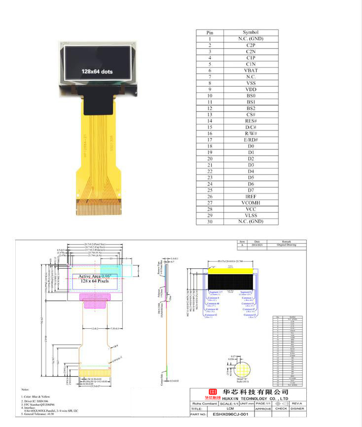 0.96 Inch PMOLED Display Module, 128x64, I2C SPI Interface, Blue Yellow Oled Display