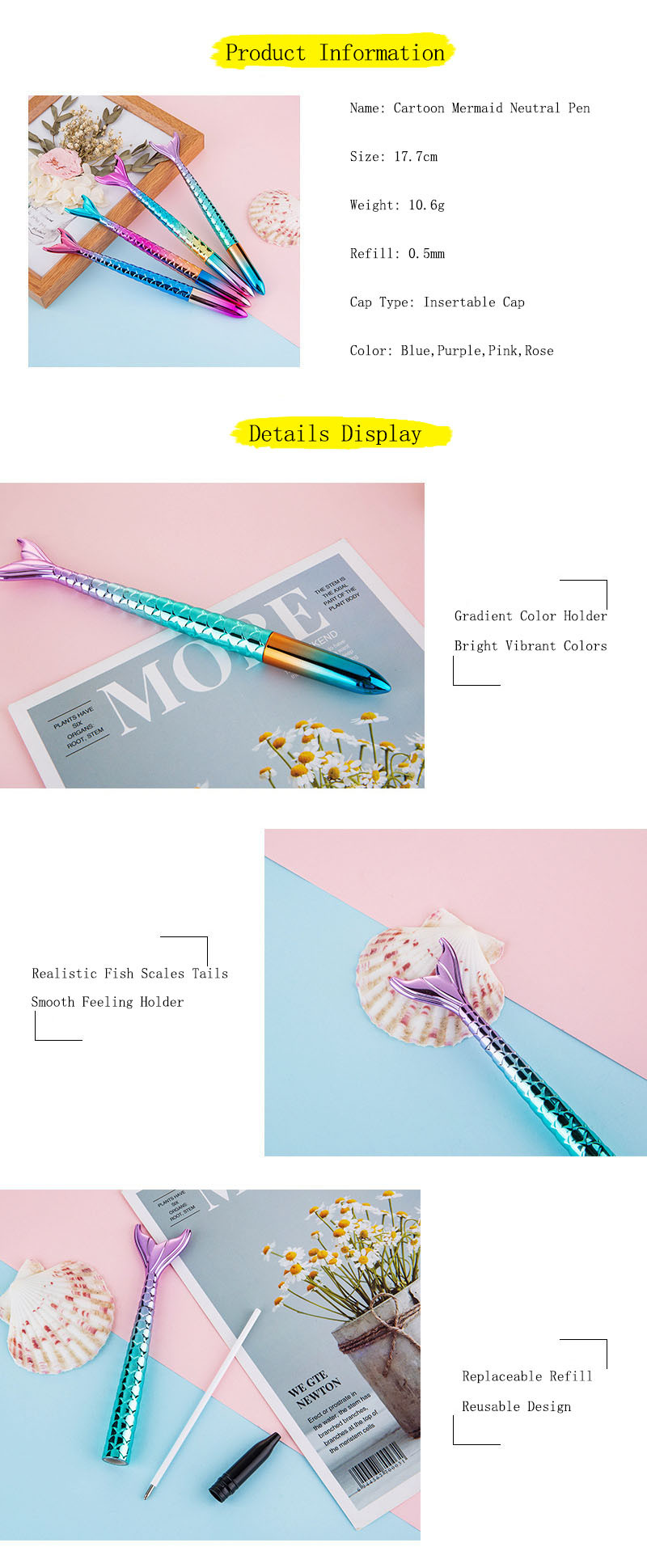 Colorful Gradient Mermaid Neutral Pen 0.5mm UV Electroplated Girl's Heart Gel Pen
