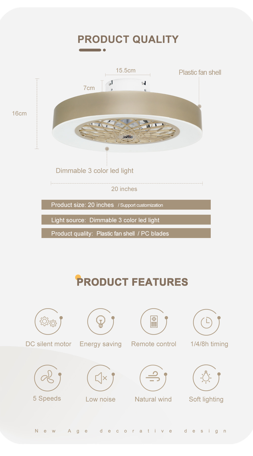 5 PC Blades Indoor Dimmable LED Ceiling Fan With Remote Control Switch