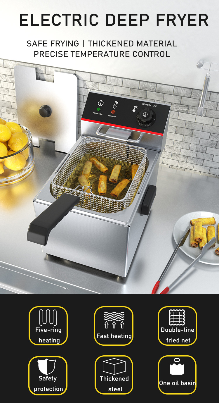 Commercial Snack Frying Machines 8L Electric Chicken Deep Fryer with 1 Tank 1 Basket