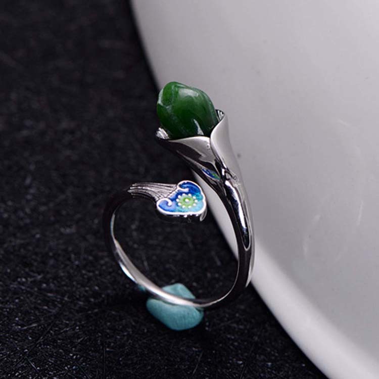 925 Sterling Silver Enamel Natural Jade Ring Open Adjustable Size (059850)