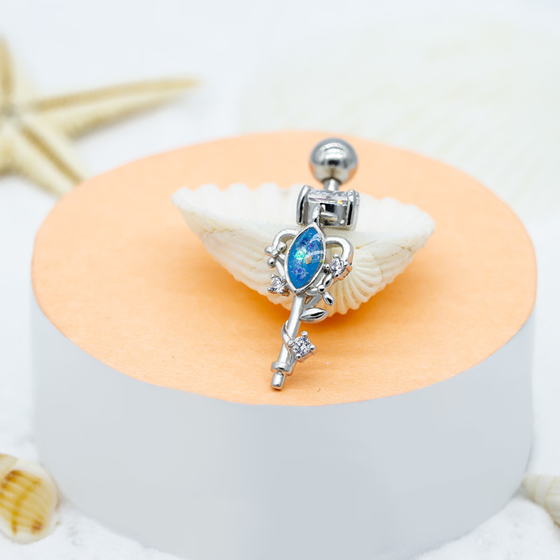 Blue Opal Gem Body Piercing Jewelry 14ga 316 Stainless Steel Key Shape