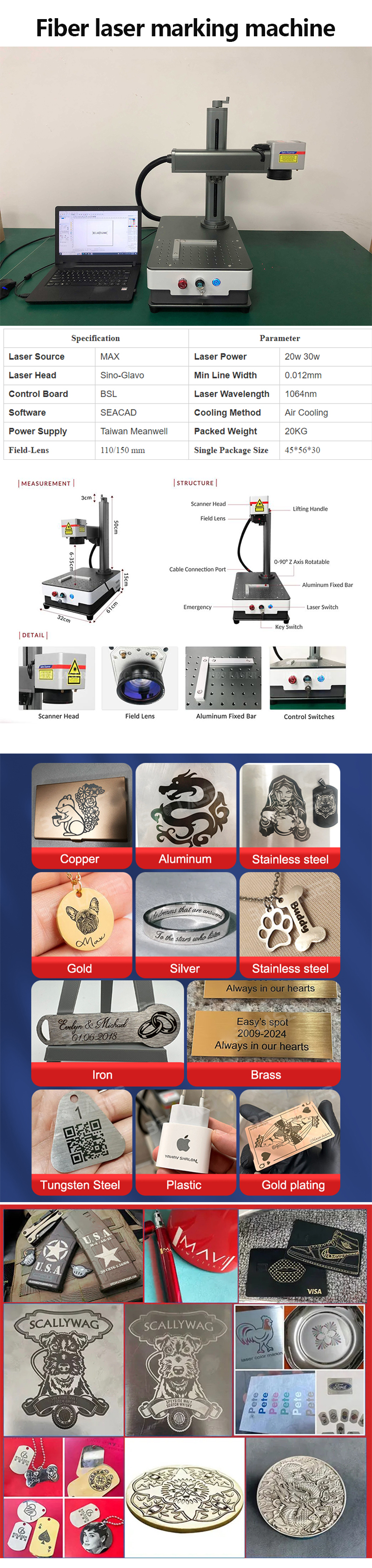 Portable Mini 20w 30w 50w 80w 100w Jpt Raycus Fiber Laser Engraving Marking for Guns Jewelry Mode of Operation Continuous Wave