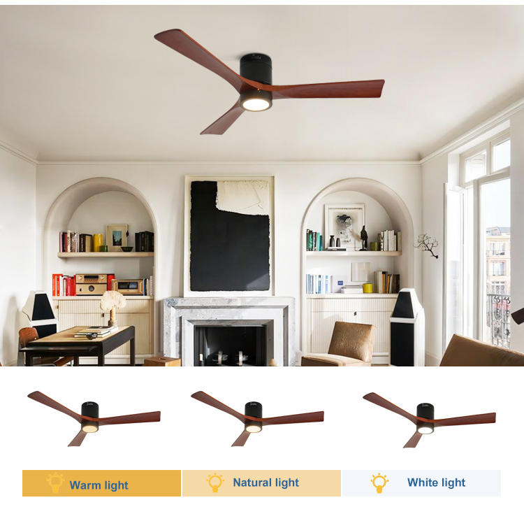 Modern 3 Blade Natural Wood LED Flush Mounted Ceiling Fan with 5 Speeds DC Motor