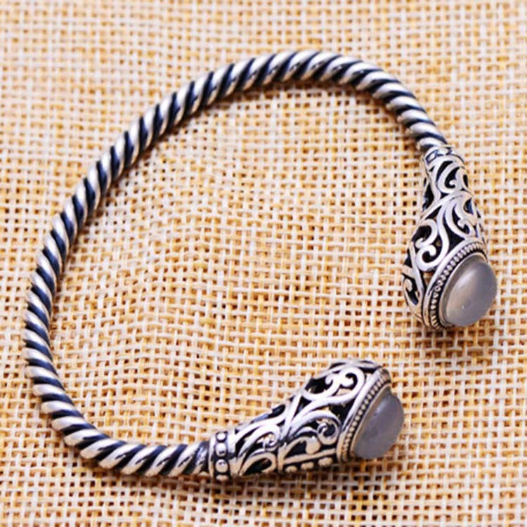 Sterling Silver Cable Bracelet with Chalcedony Open Adjustable Cuff Bracelet (XH049954WWHITE)