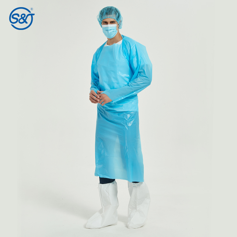 S&J Disposable CPE (Chlorinated Polyethylene) Isolation Gown Protective Gown with Thumb Loops Nonwoven AAMI Level