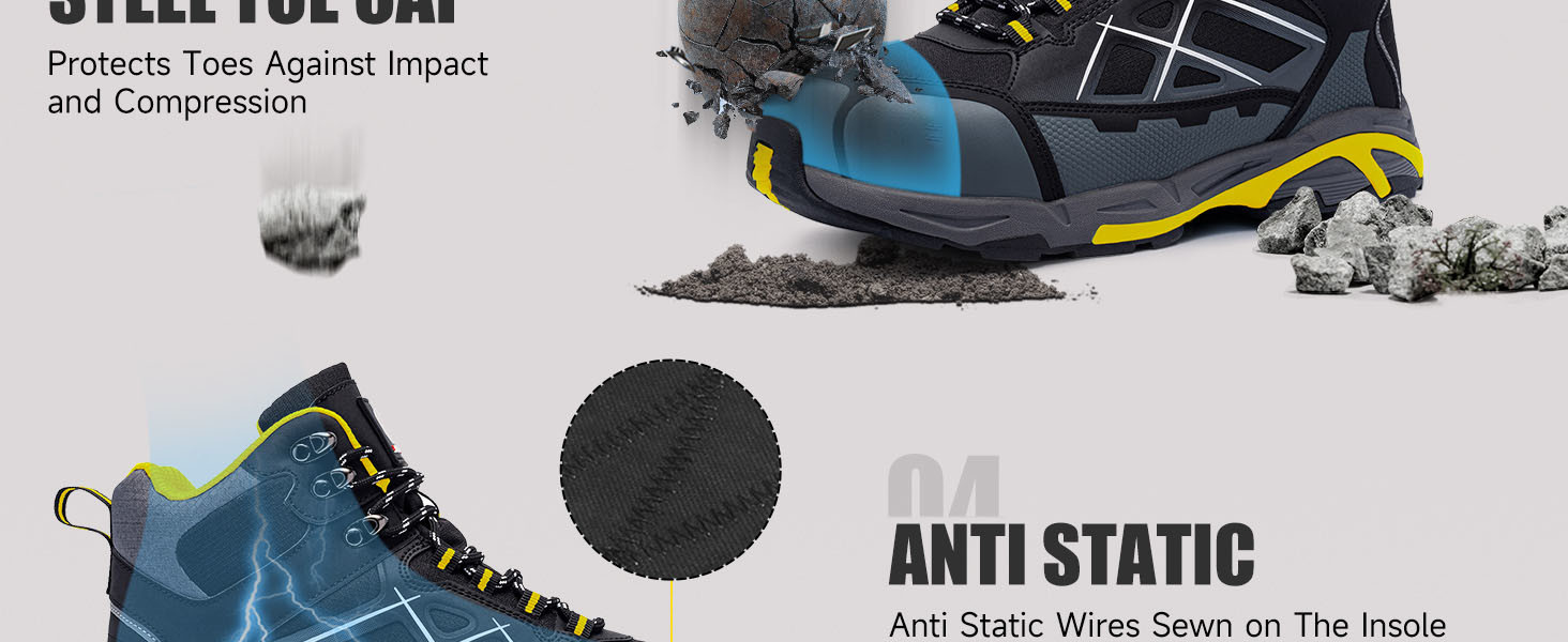 Black Unisex Reflective Strip Safety Boots with PU Rubber Sole for Anti-proof Work Shoes