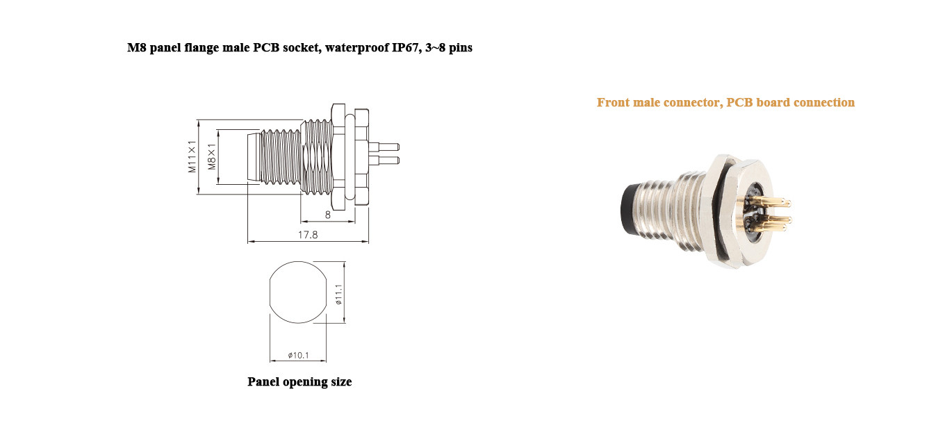Circular Connector Board End Series M8 4Pin Panel Socket Connector Panel Flange Male PCB Socket, Waterproof IP67