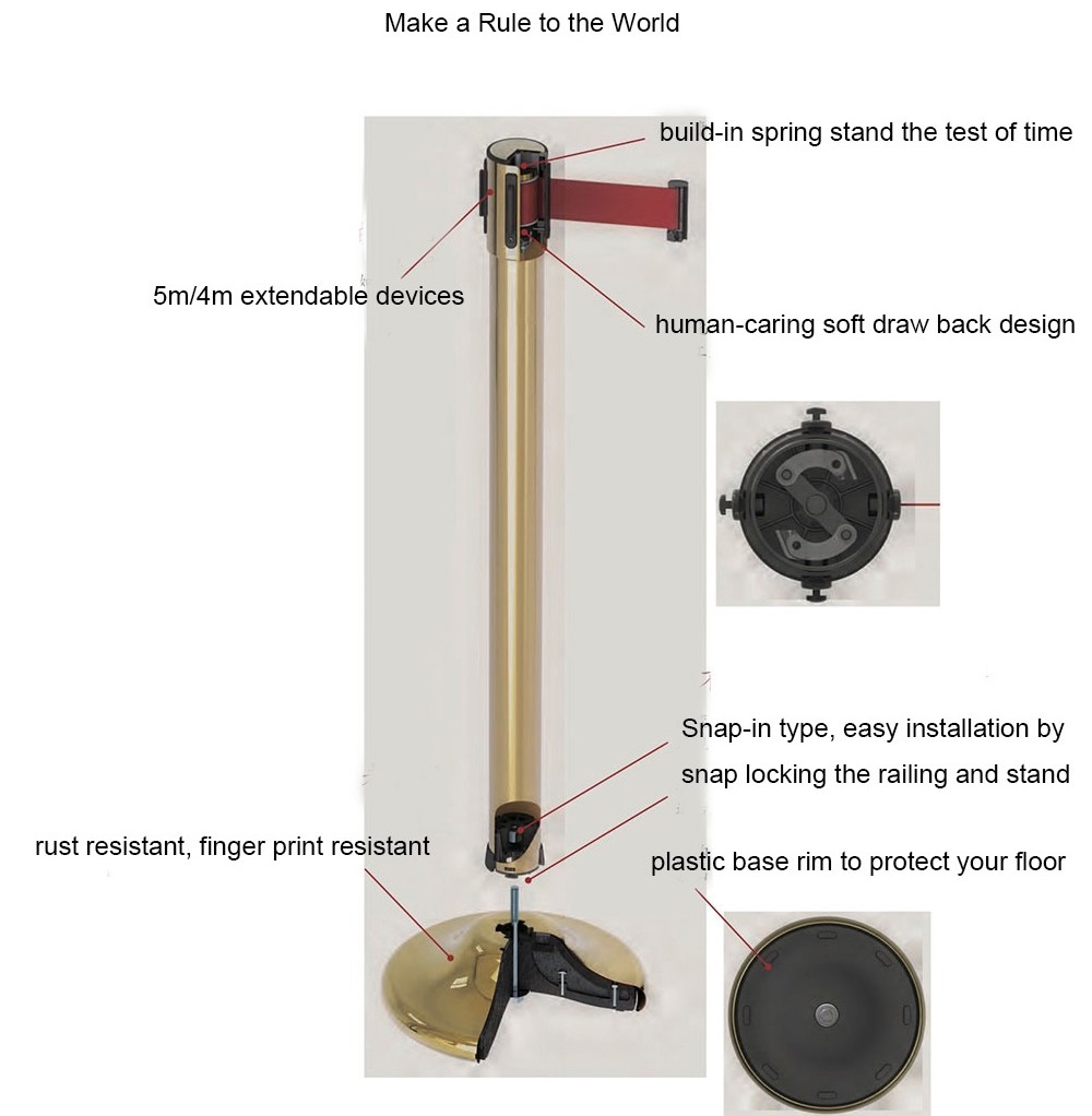 Retractable Belt Type Railing Stand Stainless Steel Crowd Control / Guidance Stanchion with Dia.32CM Wide Weighted Base