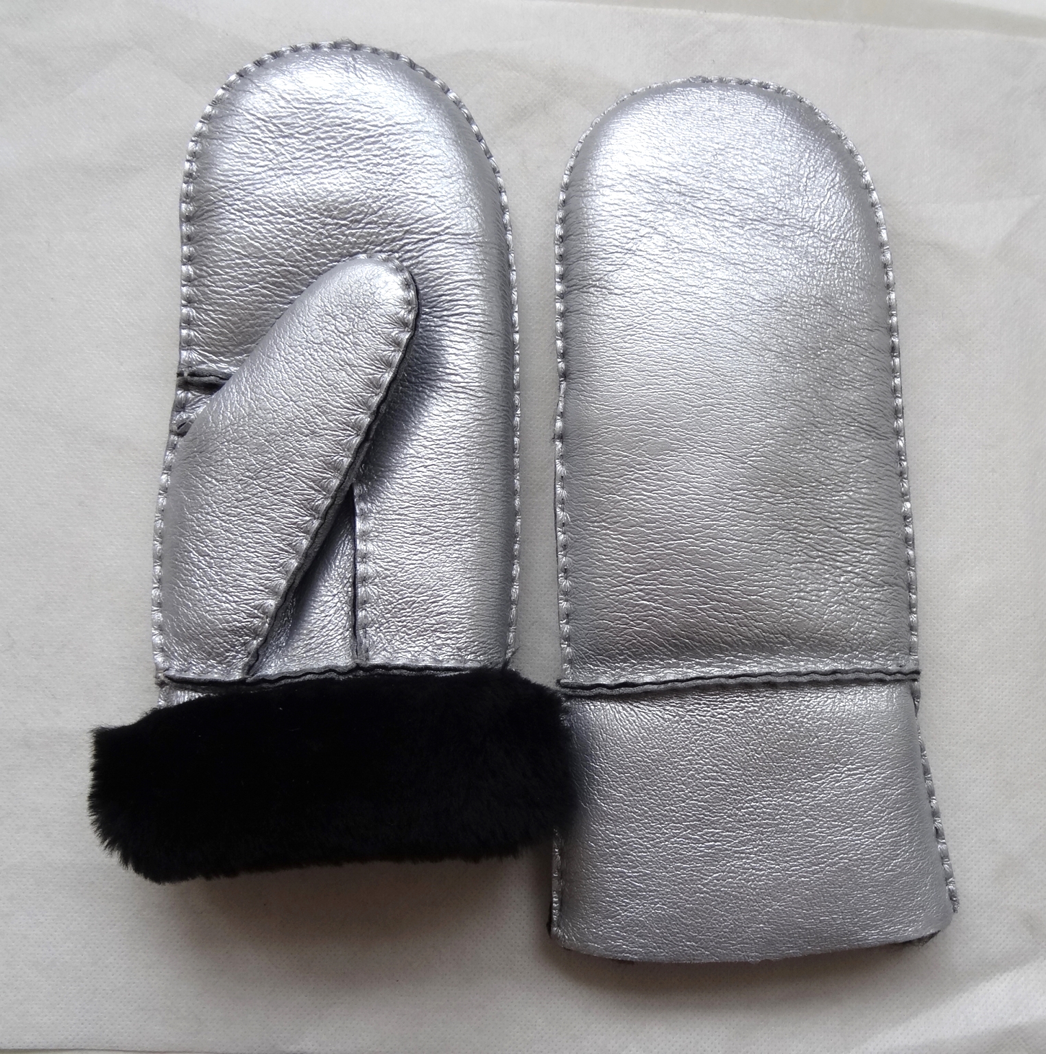 Shearling Sheepskin Merino Leather Gloves 100% Handmade Silver / Gold Color