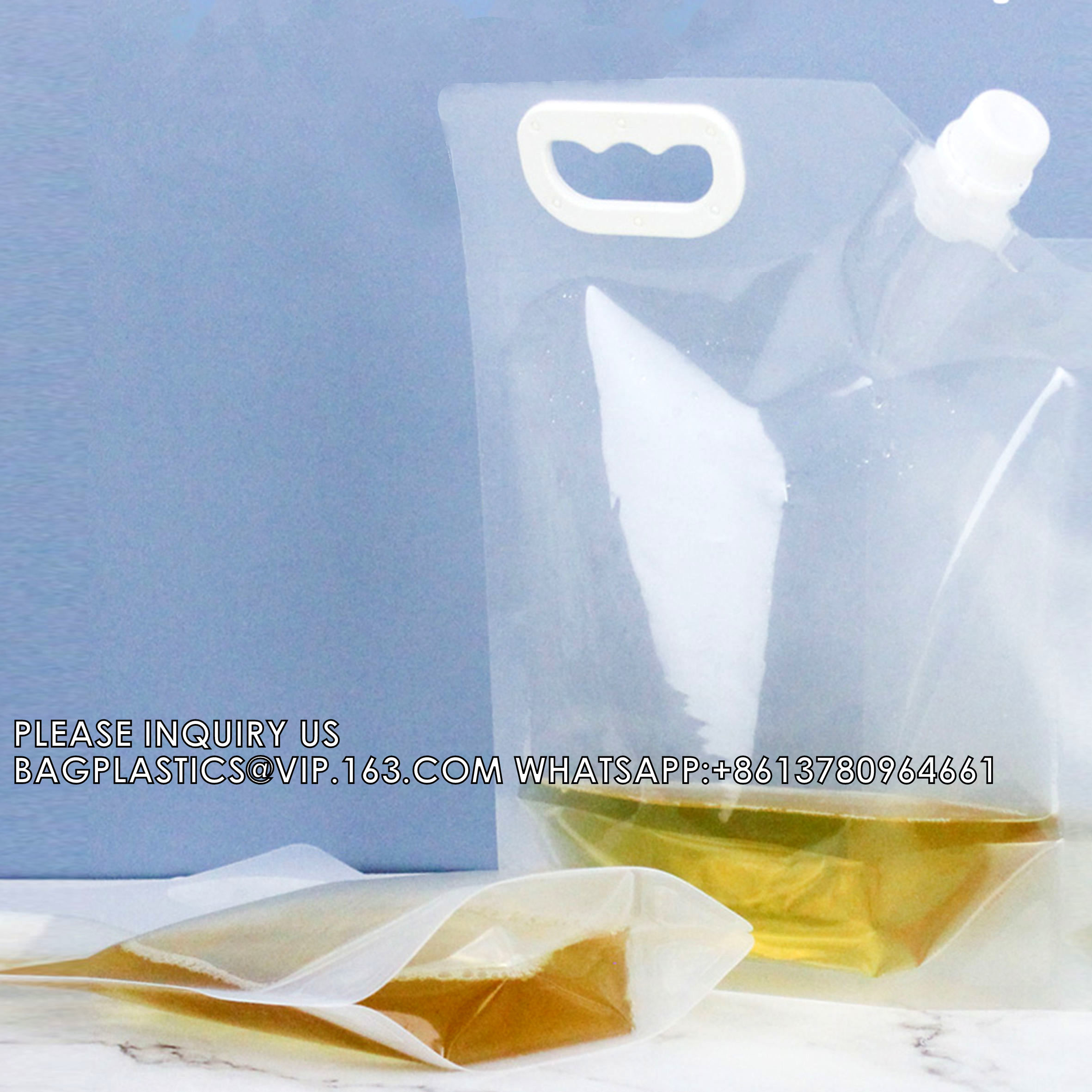Clear Stand Up Plastic Packaging Bag With Handle Reusable Juice Liquid Nozzle Bag Portable Water Storage Bag