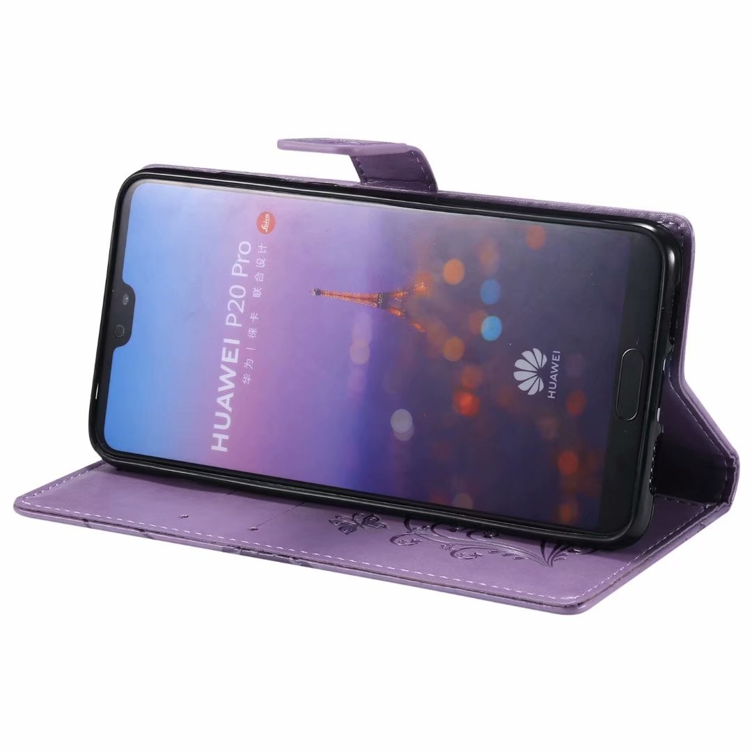 Huawei P20 Pro Embossing 3D Butterfly Leather Bracket Stand Wallet Case with wristlet strap