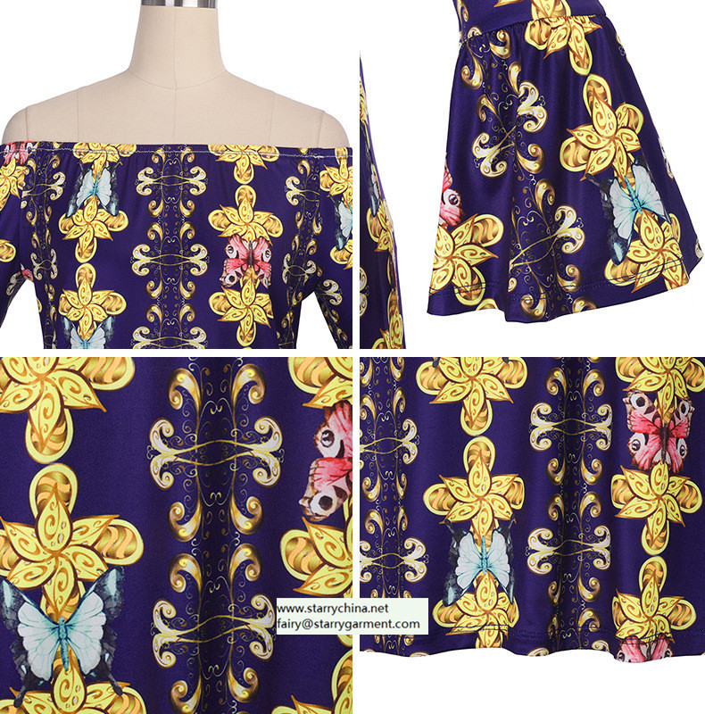 flower and phoenix patterns printed women fashion short dress with puff sleeve in off shoulder