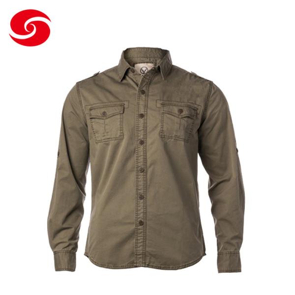 Quality 100% Cotton Long Sleeved Military Casual Shirts In Olive for sale
