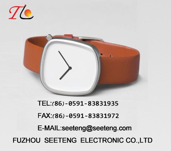 Square alloy case simple clean dial PU leather band wrist watch for young men