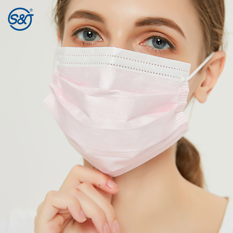 S&J Disposable Protective "Secure+" Surgical Face Mask Light Pink ASTM LEVEL3 Adjustable Strips Sitting on Both Chin and Nose