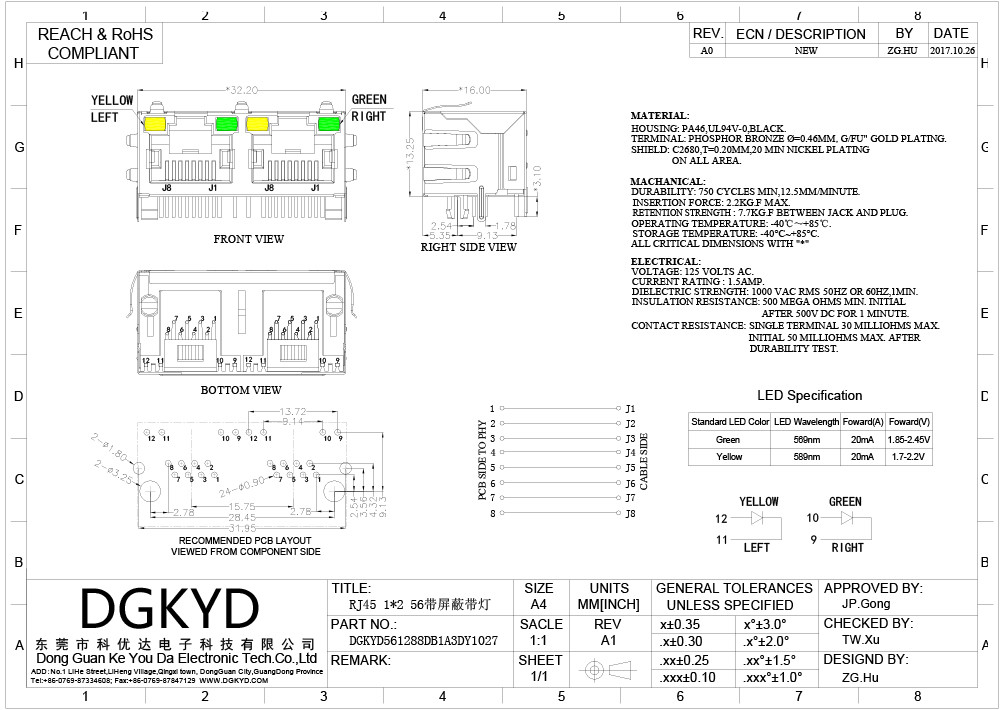 180 Degree TAB UP RJ45 Multiple Port Connectors With PA66 Housing