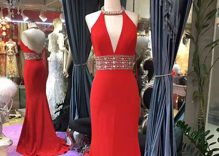 Hanging Neck Red Mermaid Style Prom Dress Top Beading Deep V Neck Backless