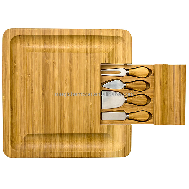 Custom Logo Rectangle Bamboo Meat Charcuterie Cheese Board with Knives Durable Knives